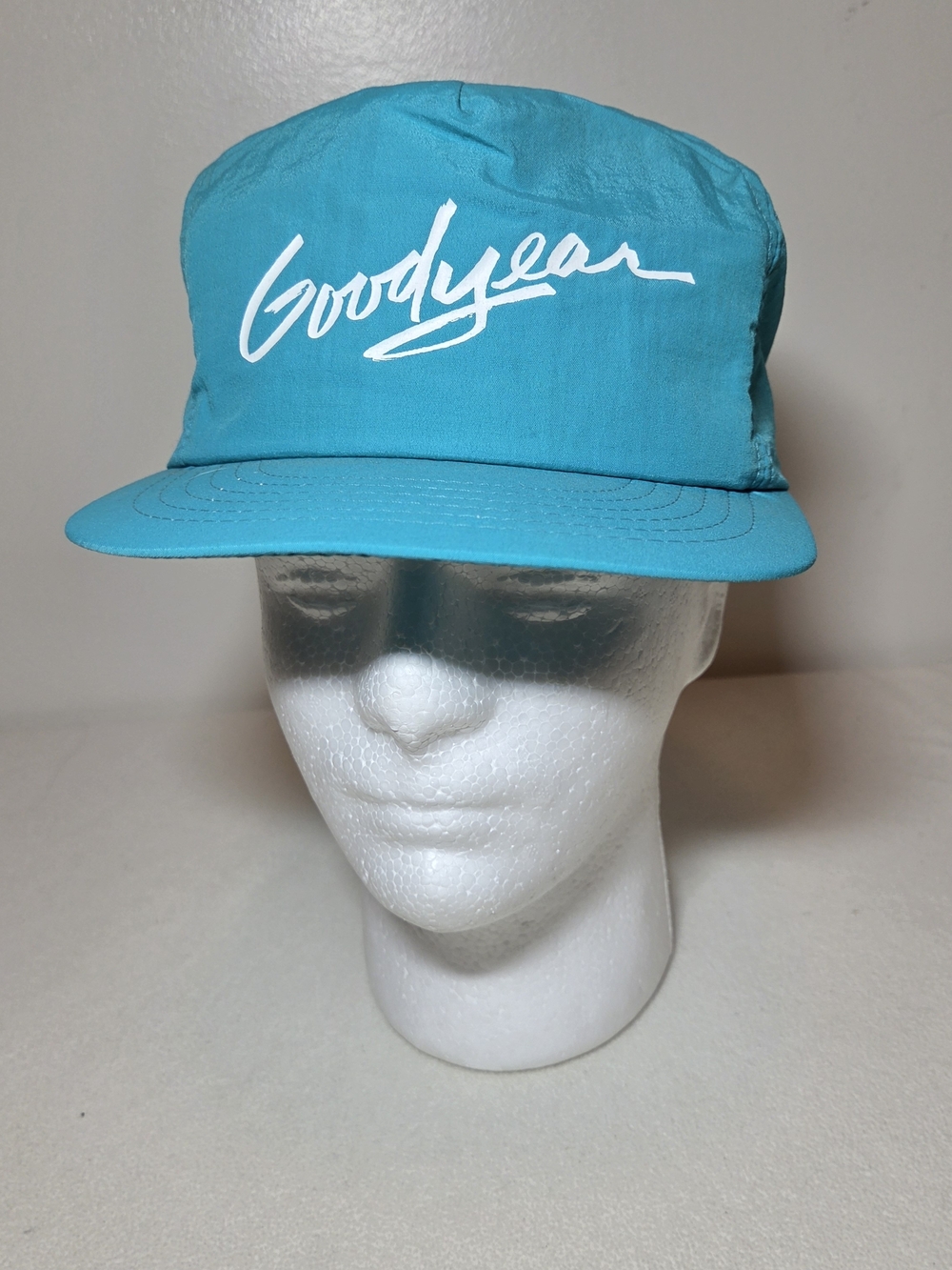 Vintage 80s Goodyear Script Logo Nylon Snapback Hat Teal Beach Cap⁠ Dadcore